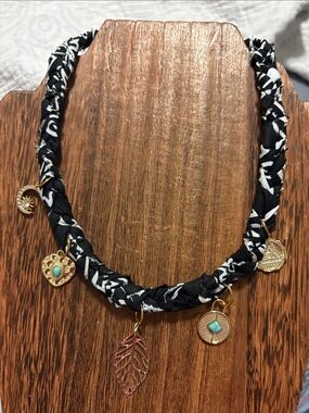 Black Braided bandana Necklace with Gold Leaf and Turquoise Charms
